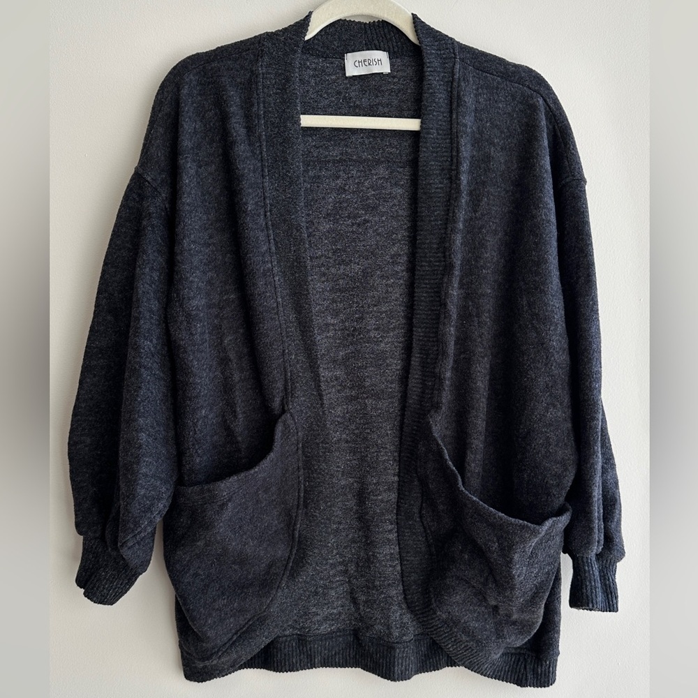 Cherish Grey Balloon Sleeve Cardigan, Comfy Cloud Soft Sweater, Size Small